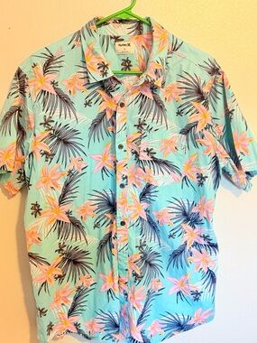 Hurley Mint Green Floral Camp Shirt with Pink & Navy Accents